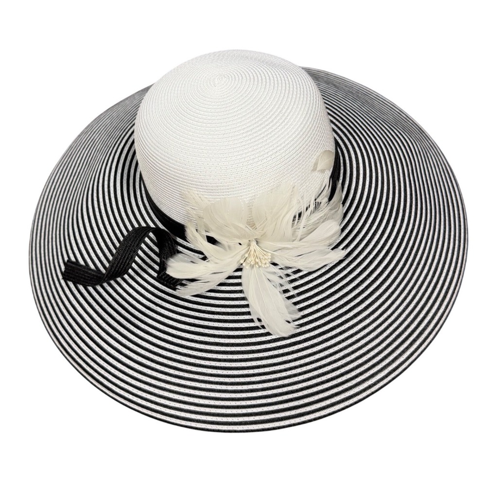 August Hat Company Extra Wide Brim Black White Striped Feather Flower NEW
